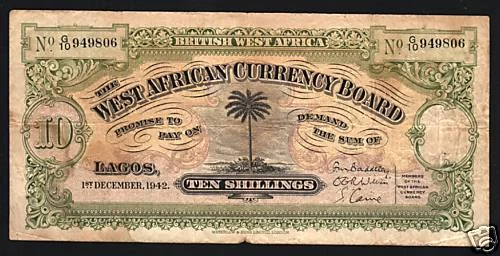 BRITISH WEST AFRICA 10 SHILLINGS P-7 1-12-1942 BWA MONEY BILL COLONY BANK NOTE - Image 1 of 1