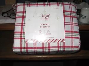 NEW NORTH POLE QUEEN FLANNEL SHEET SET HOLIDAY CHRISTMAS RED/GREEN 100%COTTON - Picture 1 of 3