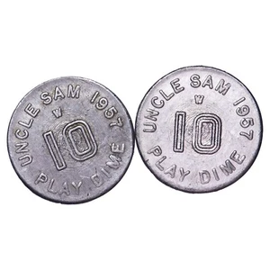USA 2 jetons de jeu "play dime" Uncle Sam 1957 Aluminium - Picture 1 of 2