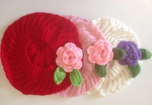 Gorro Sombrero Niña Niño Pequeño Crochet Boina Con Diseño Flor Elección de Colores - Imagen 1 de 11