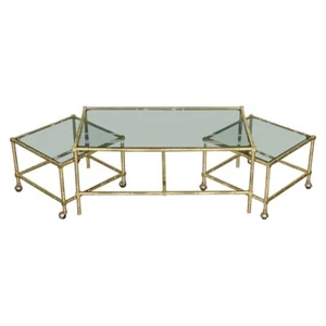 HOLLYWOOD REGENCY GOLDEN BAMBOO COFFEE TABLE SET WITH 2 SIDE TABLES ON CASTORS - Picture 1 of 12