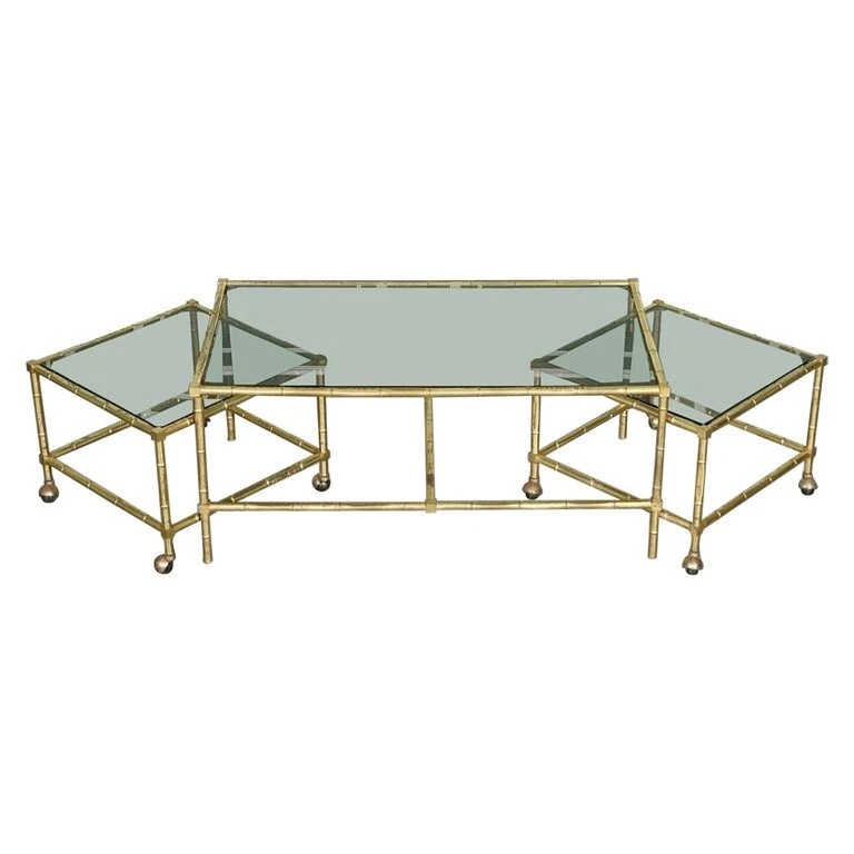 HOLLYWOOD REGENCY GOLDEN BAMBOO COFFEE TABLE SET WITH 2 SIDE TABLES ON CASTORS - Image 1 of 4