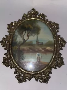 Antik/Vintage Miniatur Landschaft Gemälde auf Kupfer filigran Messingrahmen - Bild 1 von 12