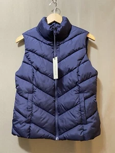 NWT COLE HAAN Women Collared Full Zip Chevron Quilted Puffer Vest Size S Navy - Picture 1 of 12