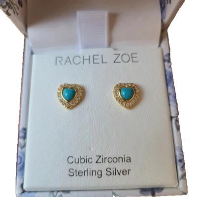 Rachel Zoe 14K Gold over Sterling Silver Turquoise CZ Heart Stud Earrings 925 - Image 1 of 4