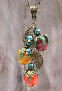 Necklace Flower Pendant Vintage Bronze Lampwork Autumn Beads #N028 - Picture 1 of 7