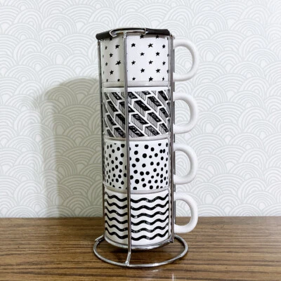 Conjunto de 4 xícaras de café expresso Demitasse preto e branco empilháveis listras estrela bolinhas - Imagem 1 de 4