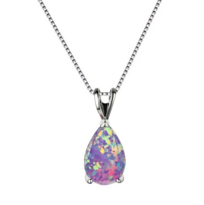 Xmas Gift Teardrop Cut Purple Fire Opal Gemstone Flower Silver Necklace Pendants - Image 1 of 4