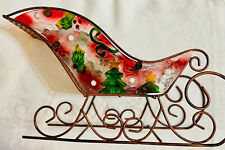 Sleigh Christmas Santa Fused Glass Painted Candle Holder Large Metal Red VTG 12”