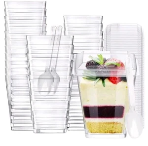 100 Pack 2oz Mini Clear Plastic Dessert Cups with Spoons for Serving Ice Cream - Picture 1 of 2
