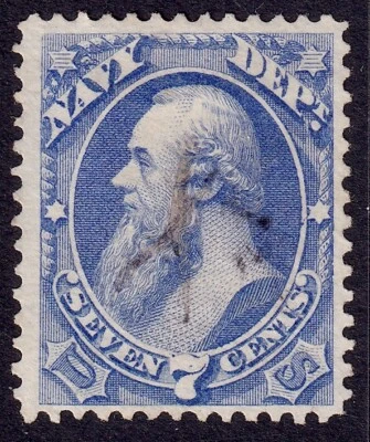 US Scott O39, 1873 Stanton 'Navy' , 7c ultramarine, V F USED *Lightly Cancelled* - Image 1 of 2