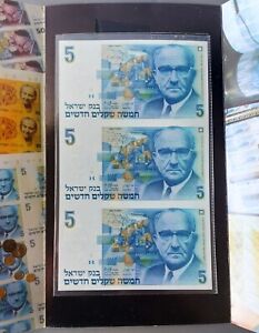 Israel Uncut Sheet of 3 Banknotes 5 New Sheqalim Shekel Levi Eshkol 1985 UNC