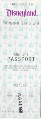 DISNEYLAND PASAPORTE DE UN DÍA 24 DE AGOSTO DE 1991 TALÓN DE BOLETO USADO Foto 1 de 2