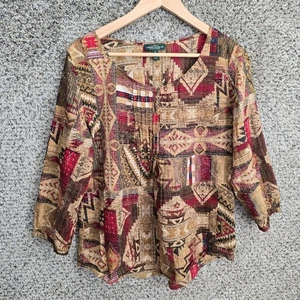 Lauren Ralph Lauren Top Womens Medium Brown Red Aztec Print Scoop Neck Casual - Picture 1 of 7