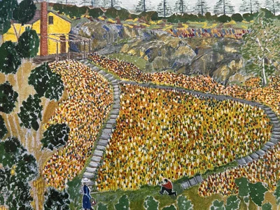 Vintage Folk Art Naive Watercolor Field FLOWERS David Dupree Style ARCHES PAPER - Image 1 of 4