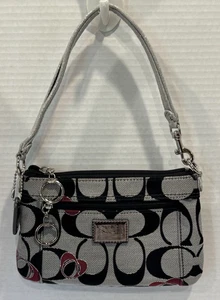 EUC Coach Women's Signature Black White Silver Poppy Large Wristlet Purse - Picture 1 of 23