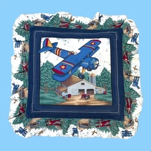 Vintage Flugzeug-Thema gestepptes Dekokissen mit Rüschenkanten Hütte Landhaus - Bild 1 von 5