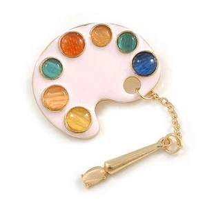 Goldfarbene Emaille Künstler Farbpalette mit baumelnder Pinsel Brosche - 35 mm breit - Bild 1 von 6