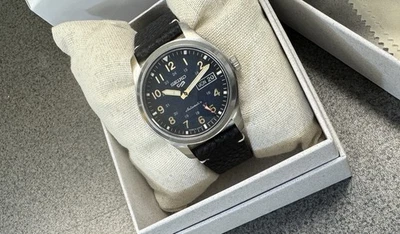 Seiko 5 Automatic Black Leather Band Watch Blue Dial SRPG39 Made In Japan New - Image 1 of 4