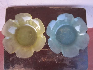 2 Vintage Wikinger Glas Schale Schüssel Lotusblume matt gelb und grün 9" x 2" - Bild 1 von 7