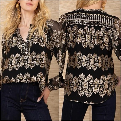Nuevo con etiquetas Blusa Top Hale Bob Pequeña Lexie Negra Dorada Terciopelo Seda Burnout Manga Larga Foto 1 de 4