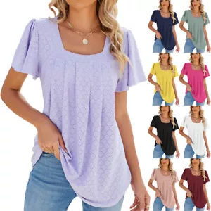 Plus Size Women Short Sleeve Pleated Blouse Tops Summer Loose Holiday Tee Shirts - Picture 1 of 36