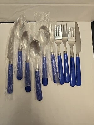 Blue Handle Camping Flatware Set Stainless Steel Used - Image 1 of 4