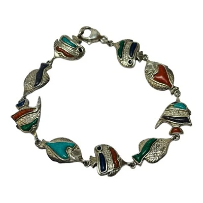 CCO Coleman Sterling 925 Silver Inlaid Gemstone Tropical Fish Bracelet 7 in - Image 1 of 4