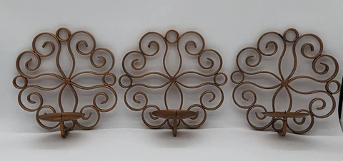 MCM Wrought Iron Sconces Pillar Candle Holders Vintage Gold Set of 3 HEAVY Cover