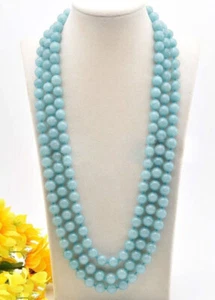 3 Rows 8mm Natural Brazilian Blue Aquamarine Round Gems Beads Necklace 17-19'' - Picture 1 of 3