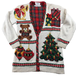 VTG 90's Marisa Christina Christmas Cardigan Sweater Women's S White Teddy Tree - Picture 1 of 13