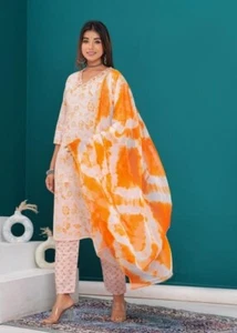 Beautiful Pure Cotton Printed Long Straight Kurti With Pant And Dupatta Set, - Picture 1 of 5