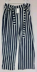 Label Be Women's Blue/White Striped Flared Knit Belted Pants Trousers Sz 16 - Picture 1 of 7