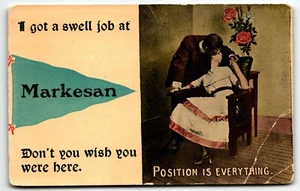 Postcard Pennant I got a swell job at Markesan Iowa IA Position is Everything - Picture 1 of 2