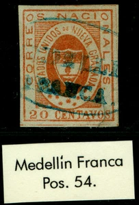 COLOMBIA 1861 ARMS of New GRANADA 20c red Sc# 17  "MEDELLIN - FRANCA" blue cxl - Picture 1 of 2