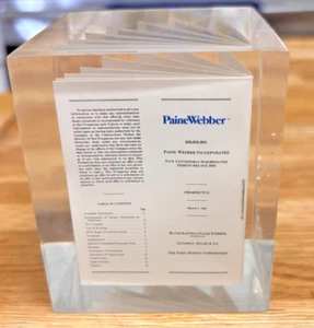 Vintage Lucite Resin Cube PaineWebber 1983 Stock Offering Cube 3" x 2.5" RARE - Picture 1 of 20