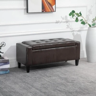 Brown Faux Leather Storage Ottoman Bench – Tufted Flip-Top Chest Seat 92cm - Image 1 of 4