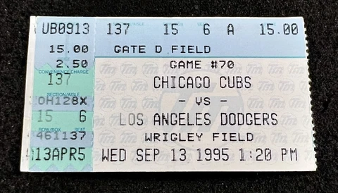 September 13 1995 Chicago Cubs Dodgers Ticket Stub Luis Gonzalez & Sosa Home Run Cover