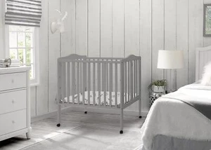 Portable Mini Baby Crib Folding w/ Mattress Wooden Nursery Furniture Grey Wheels - Picture 1 of 10