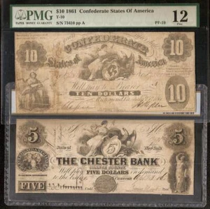 1861 $10 CONFEDERATE CURRENCY T-10 1860s $5 CHESTER BANK CIVIL WAR NOTE PMG PCGS - Picture 1 of 5