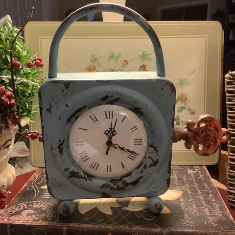 Fabersham Clock Co~Metal/Blue Distressed~Battery/Key on the Side~Super Cute~ Cover