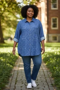 Top camicia Allison Daley 3X Chambray denim con bottoni sottile floreale Cottagecore - Foto 1 di 11