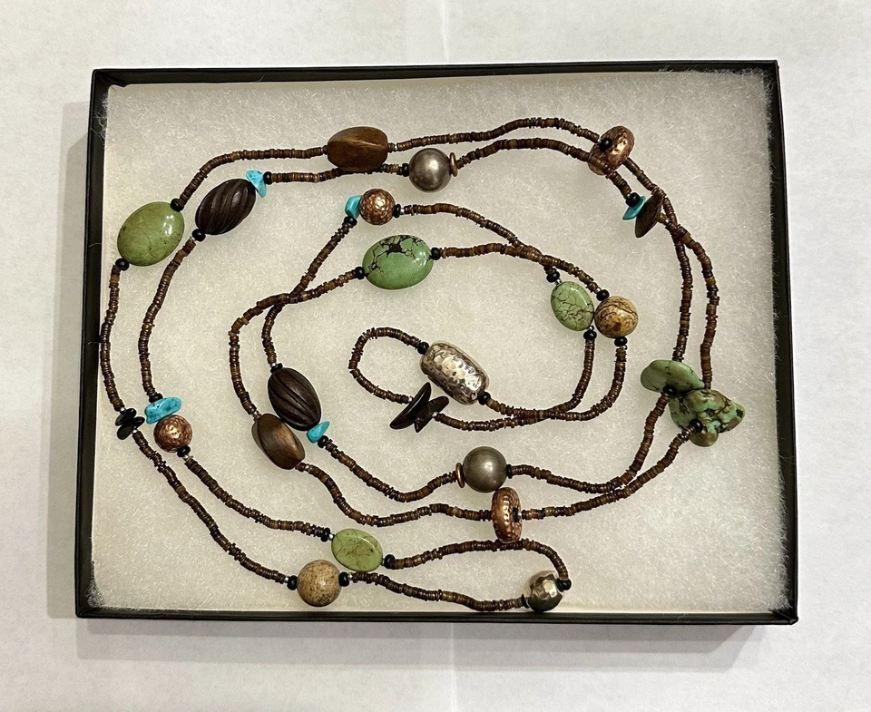 COLAR SILPADA PRATA ESTERLINA E COBRE TURQUESA HOWLITE CONCHA DE MADEIRA 60” N1569 - Imagem 1 de 1