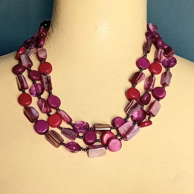 M & S Purple Mother Of Pearl, Acrylic, Wood 3 Strand Bead Necklace B138 - Image 1 of 3