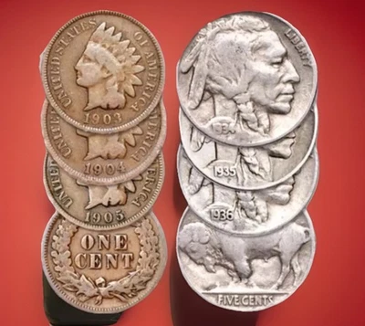 Lot of 6 Coins 3 Indian Head Cents + 3 Buffalo Nickels FAST SHIPPING - Image 1 of 4