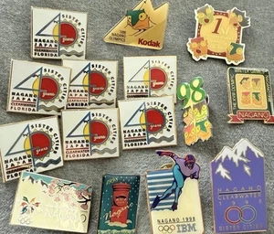 Lote de prendedores olímpicos de Nagano 1998 de colección (17) IBM Kodak Mascotas ciudades hermanas FL RARO - Imagen 1 de 10