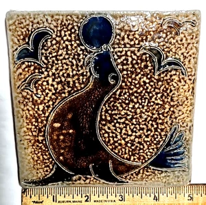 Mid-Century Glazed Art Tile~ Seal Balancing Ball 5" Square x .50" Ceramic Trivet - Picture 1 of 2