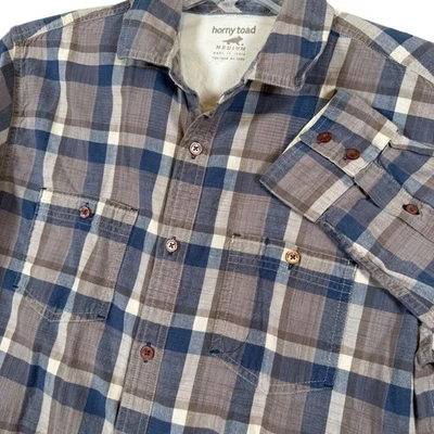Horny Toad Mens Medium Plaid Button Up Shirt Long Sleeve Blue Brown Cotton - Image 1 of 4