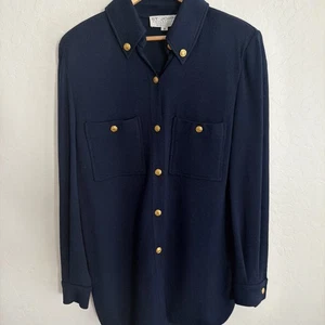ST. JOHN VTG Crepe Damen M Strick Jacke Navy Blau Gold Knopf Marie Grau Siehe Bild - Bild 1 von 8