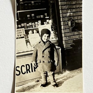 Vintage Snapshot Photograph Adorable Little Boy Standing In Front Of Pharmacy - Picture 1 of 8